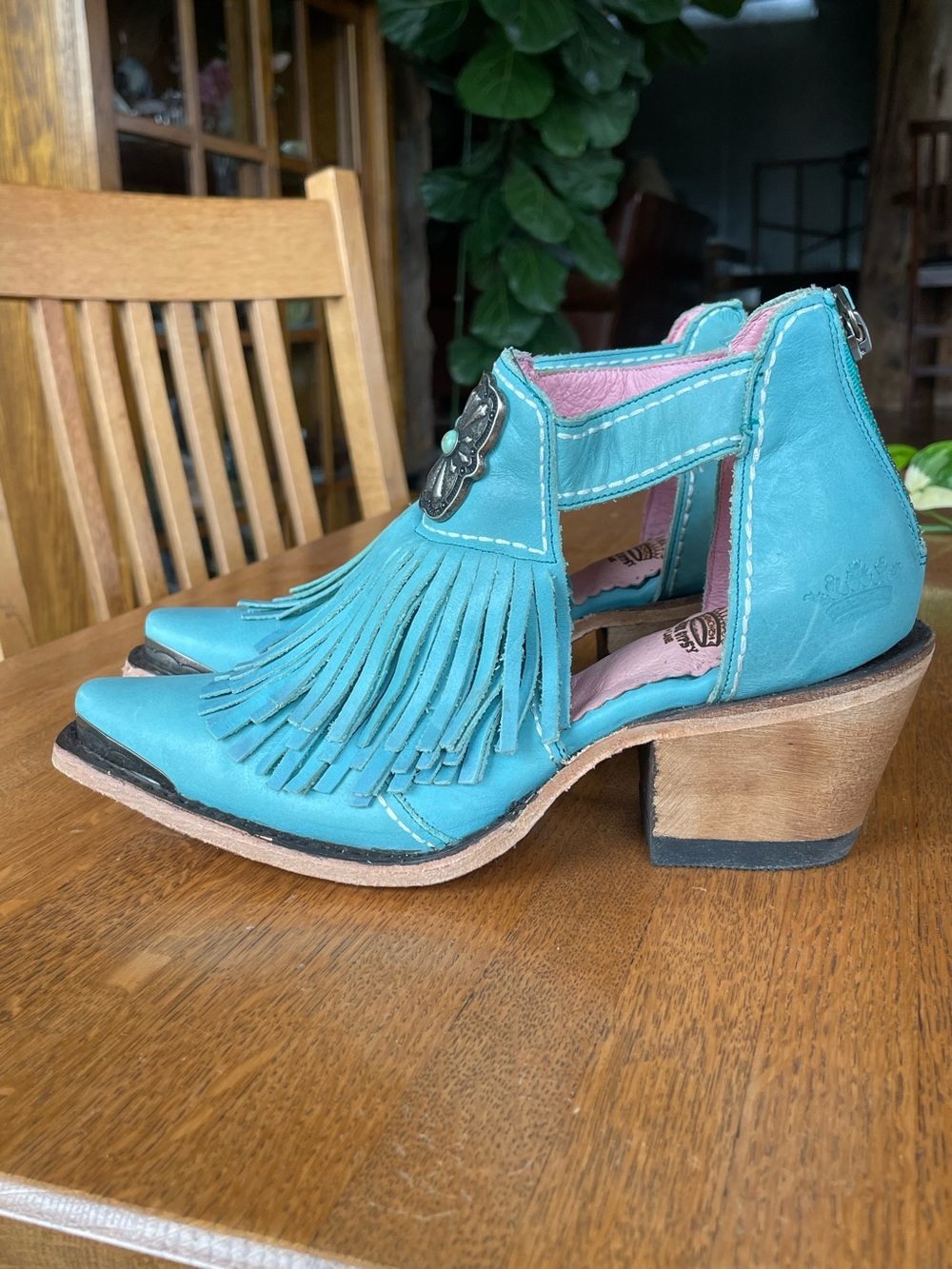 Junk Gypsy by Lane Turquoise Fringe Leather Western Heel Sandals - Women